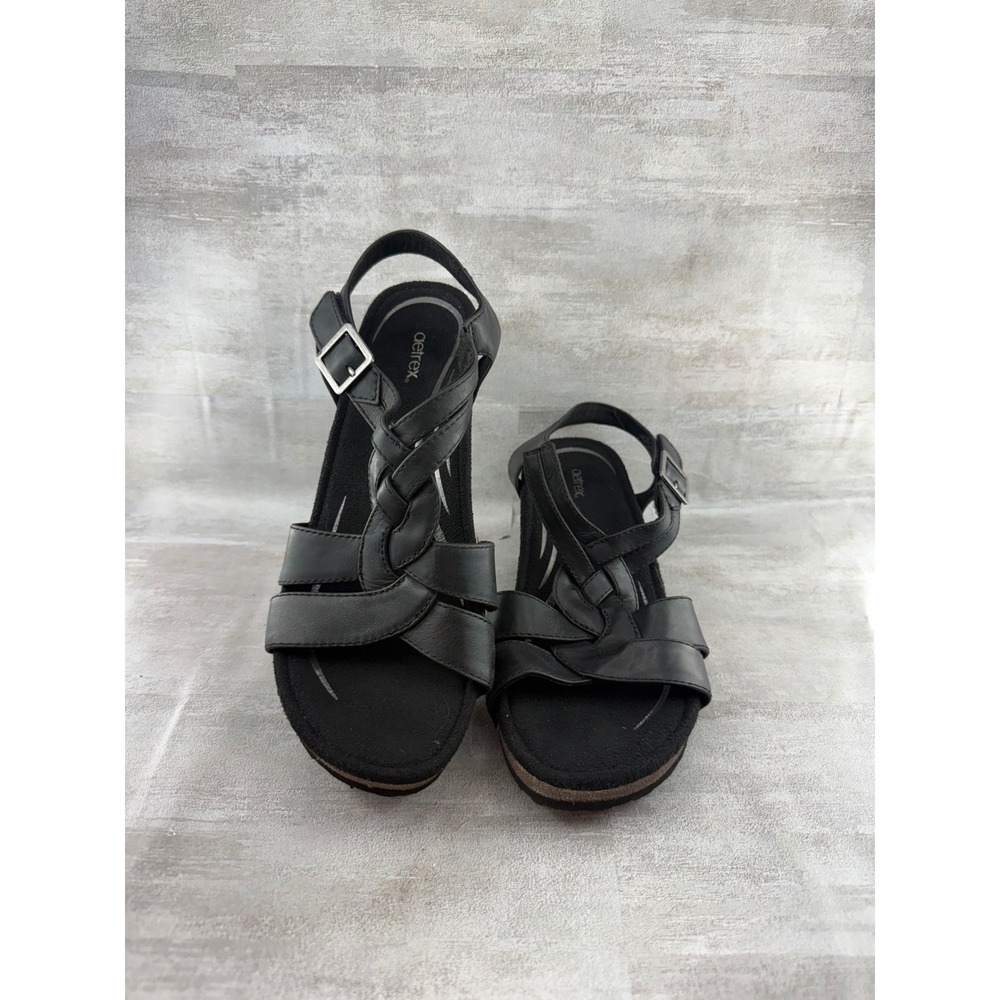 Aetrex EW180W Black Leather Braided Wedge Sandals Women 9-9.5 Orthotic Comfort